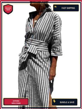 Casual Cotton Maxi Dress 3/4 Sleeve Button Down Belted Split Vacation Beach